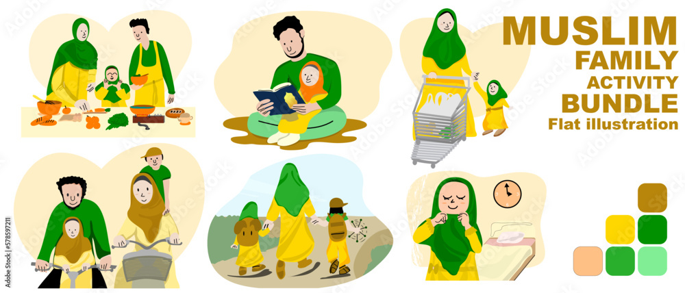 Muslim family activity bundle, Father Mother reading holy Qur'an, cooking, riding bicycle, shopping, go to school, prepare for fasting month Ramadan with good Family time. Warm green palette color