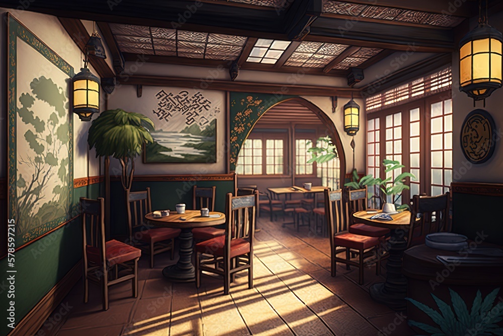 Fototapeta premium Tea house cafe interior, AI generated