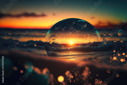 Iridescent sphere water bubble, trapped swirling waves inside, floating ocean sunset background, dusk golden hour, sunshine refraction - generative AI. 