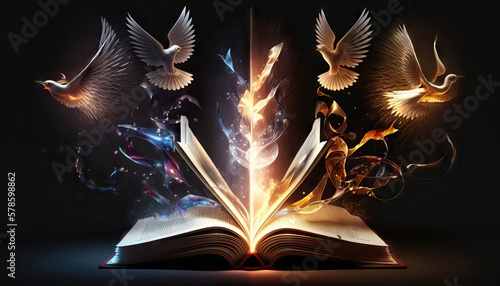 AI generated Open book with flying birds on dark background. Gifts of holy spirit concept
