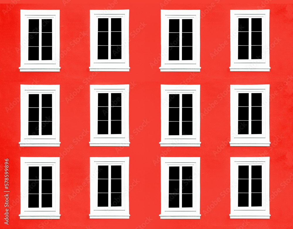 PVC Windows. Architecture background. Vibrant color red wall facade. Small town house exterior. Street of European city building. Twelve window frames isolated on empty wall. Simple windows in a row