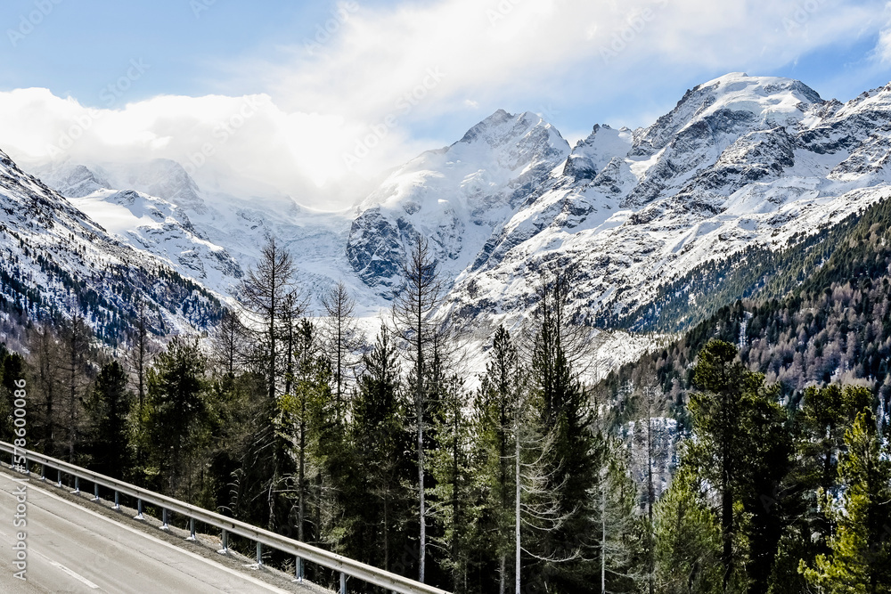 Bernina, Morteratsch, Gletscher, Val Bernina, Berninapass, Passstrasse, Piz Bernina, Berninagruppe, Engadin, Oberengadin, Gletscherweg, Alpen, Graubünden, Winter, Schweiz 