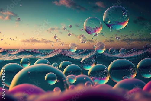 Water bubble, Iridescent multi-color sphere floating on ocean waves, summer sunset background, dusk golden hour, clouds refraction - generative AI. 