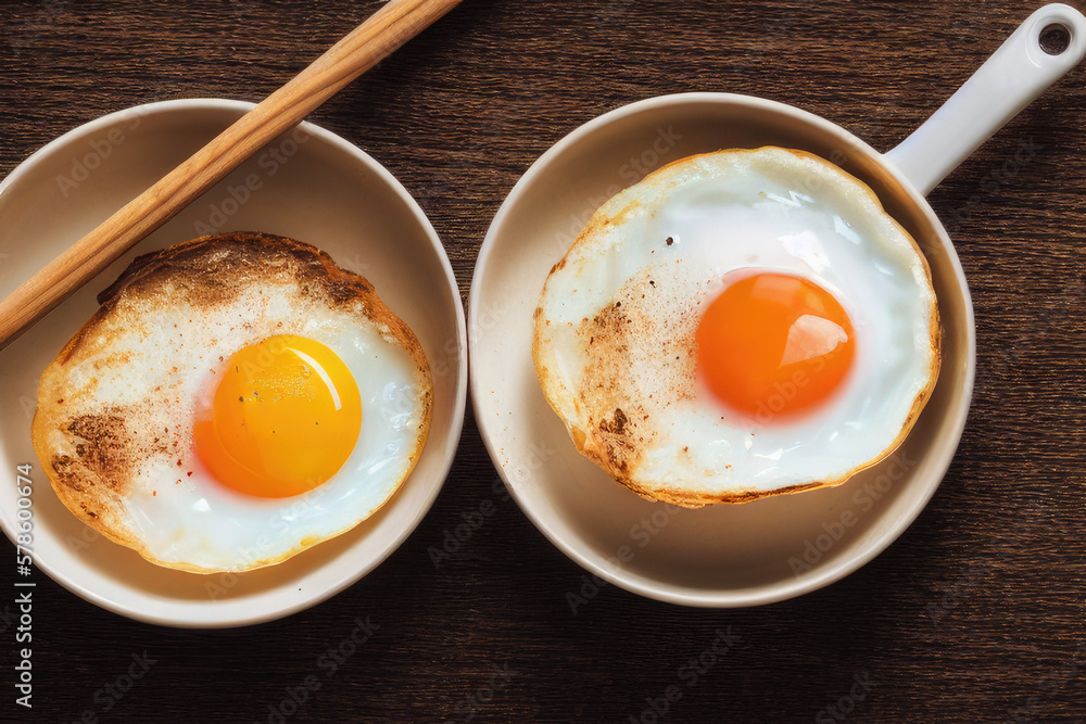 2 friend eggs in pan on wood table, Generative AI 2 friend eggs in pan on wood table, Generative AI