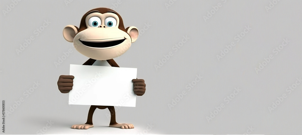 smile monkey cute character holding white blank sign on white background, generative ai