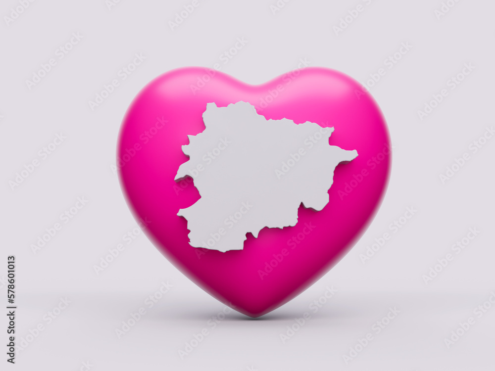3d Pink Heart With 3d White Map Of Andorra Isolated On White Background