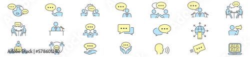 Speaking, communication, speech bubble, talking, consultation, conversation and discussion icon set.