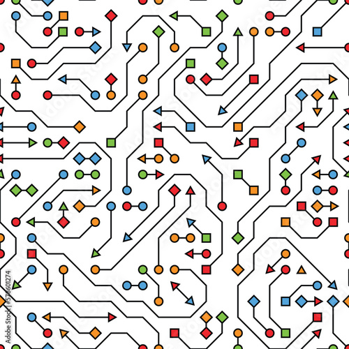 Seamless pattern resembling circuit boards or flowchart diagrams.