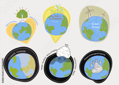 Earth Day, set of 6,1.Trees4Earth, EndPlasticPollution, Protecting Endangered Species from Extinction, EARTHRISE for Climate Change, Go Organic, Green power