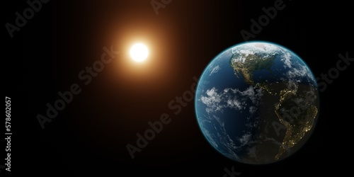 Fototapeta Naklejka Na Ścianę i Meble -  Beautiful 3d earth planet on black background 3d render. World planet satellite, Stars, nebula and galaxy. Concept of climate change, dark night, cities lights, sunrise. Sunrise from outer space