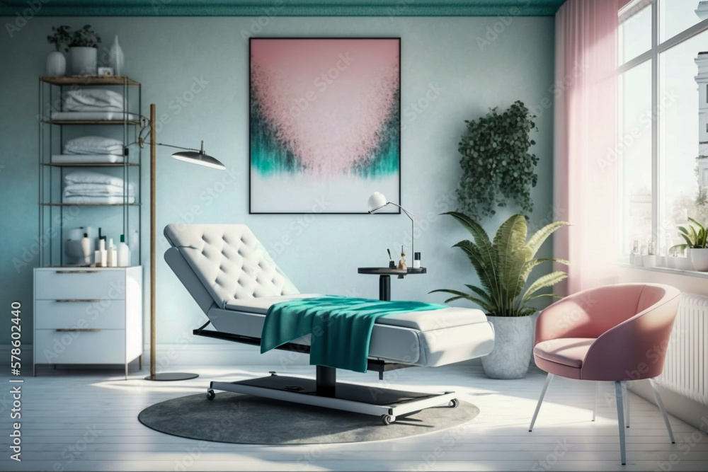 Beauty salon, interior design with massage couch, pastel colors, super