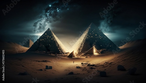 futuristic pyramids at night with light effects v2