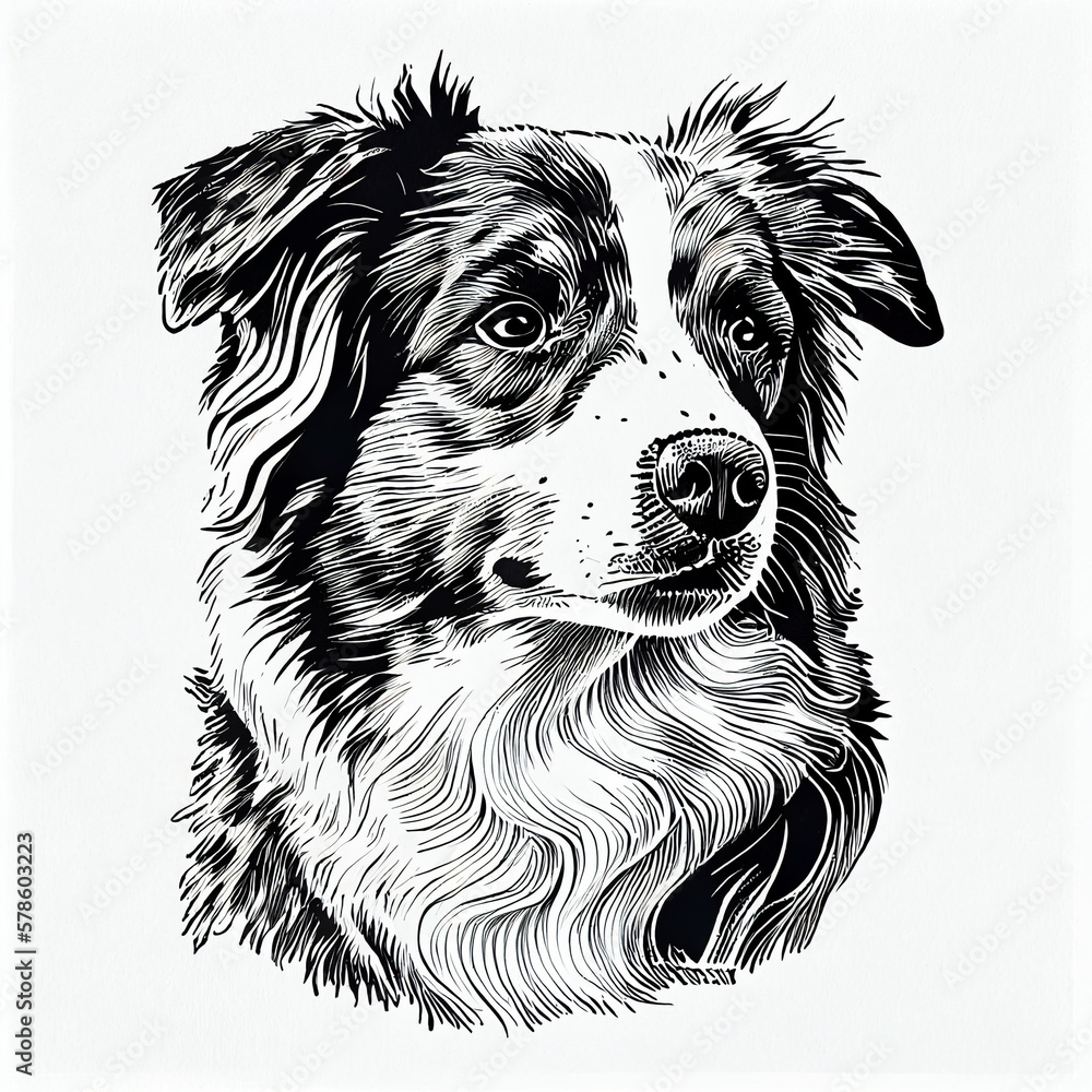 Australian Shepherd Dog portrait illustration, detailed black and white art, created with Generative AI