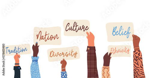 Diverse human hands holding banners with text . Cultural ethnicity diversity concept. Multicultural society. Vector illustration