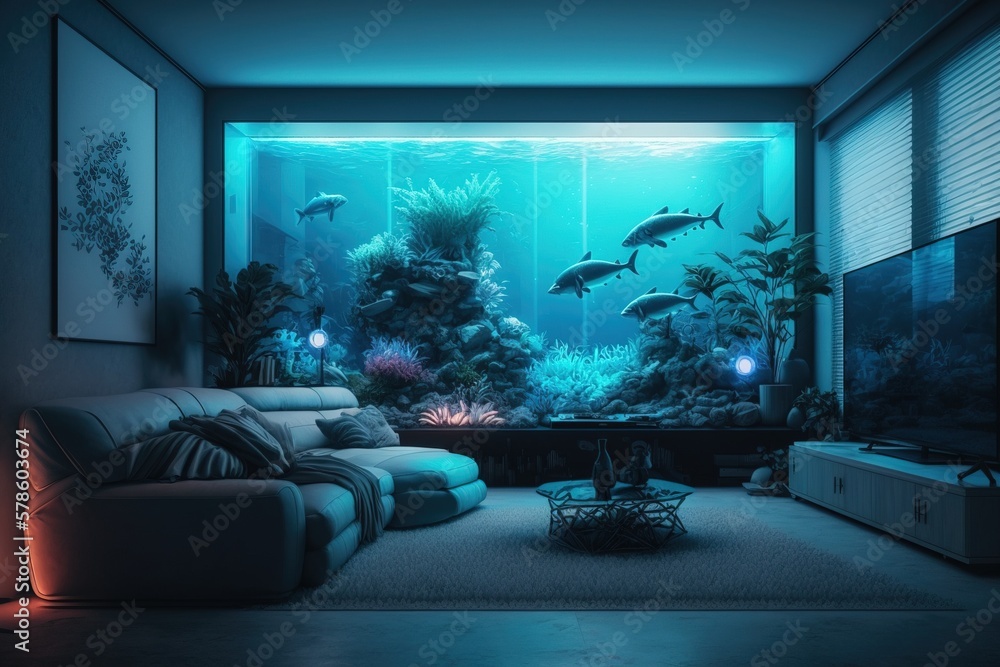 Living room with aquarium, zoom background, Generative AI Stock
