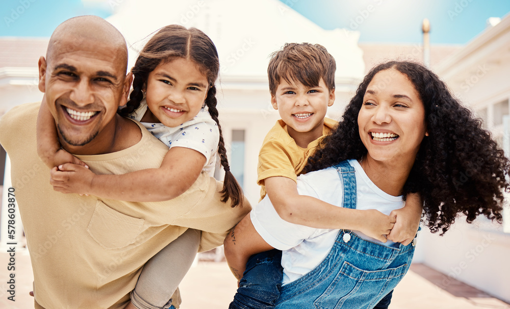 Portrait, happy family and piggyback outdoor at new house, real estate loan and building mortgage. Parents, kids and smile outdoor for property investment, moving home and excited for future security Portrait, happy family and piggyback outdoor at new house, real estate loan and building mortgage. Parents, kids and smile outdoor for property investment, moving home and excited for future security