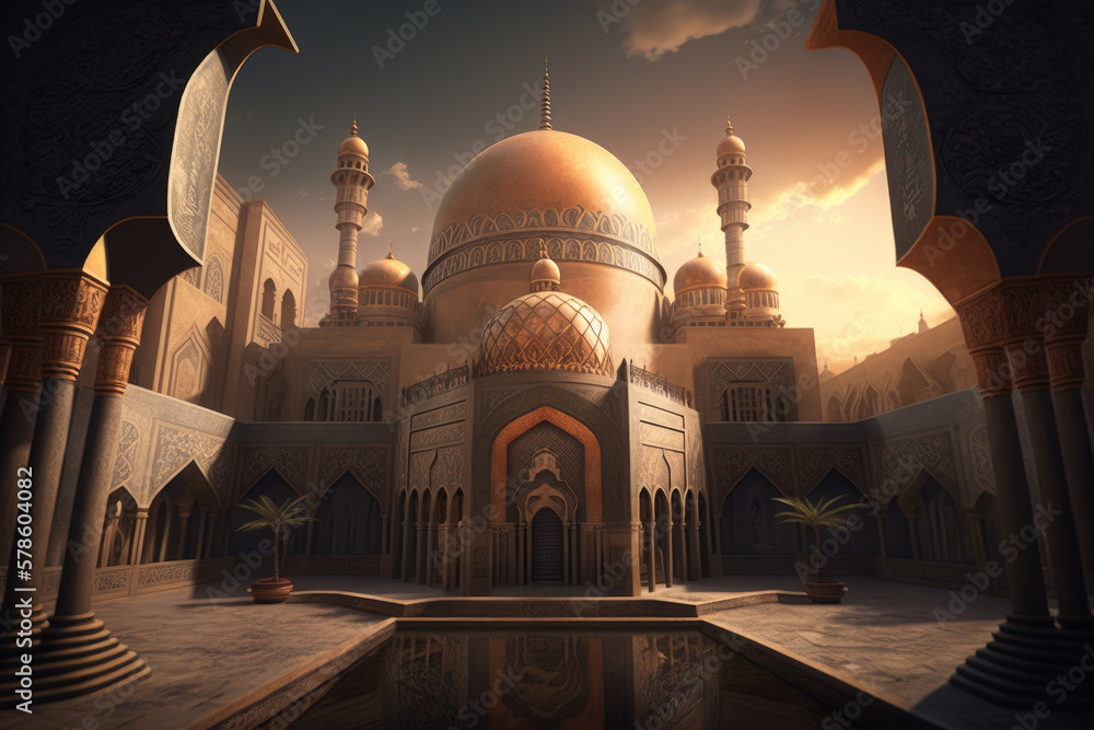 Generative AI of a ramadan mubarak background with mosque - obrazy, fototapety, plakaty 