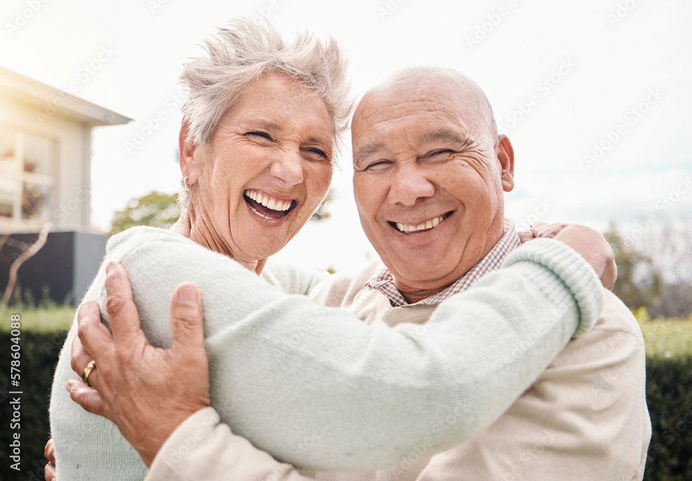 Portrait, love and senior coupe hug, outdoor and happiness for relationship, romance and anniversary. Face, happy mature man and old woman embrace, outside and romantic with smile, loving and bonding