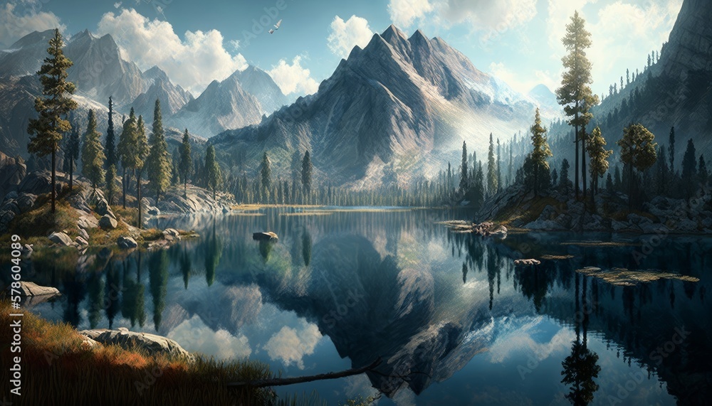 Fantasy landscape with lake and mountains in the background. Generative AI