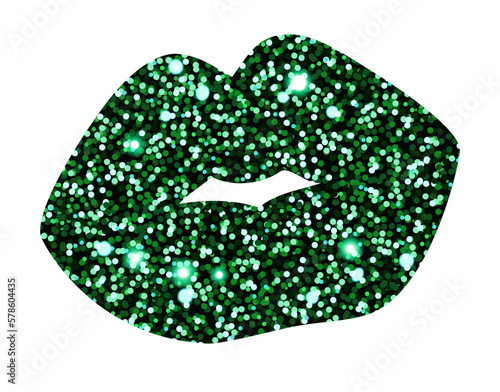 Beautiful green glitter lip silhouette isolated on white. Decorative kiss element. Vector stock illustration. 
