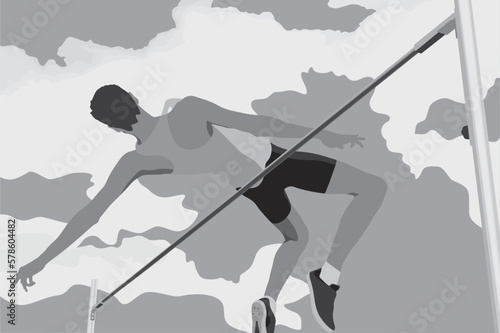 high jump athlete jumping on background of clouds black-white silhouette on white background, vector illustration, summer olympic games