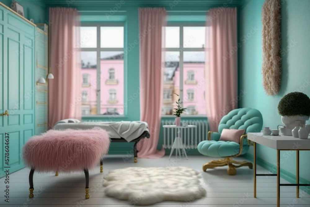 Beauty salon, interior design with massage couch, pastel colors, super