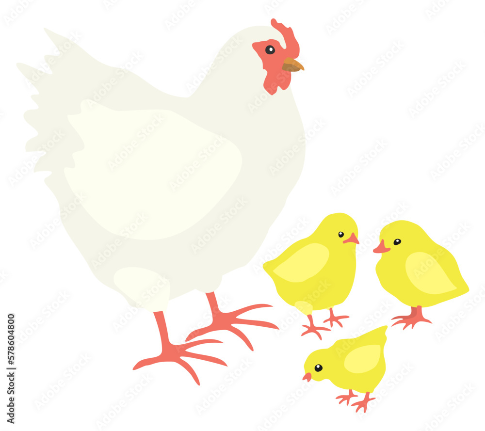 Vector illustration of hen and chickens isolated on white background. Happy Easter. Motherhood concept.