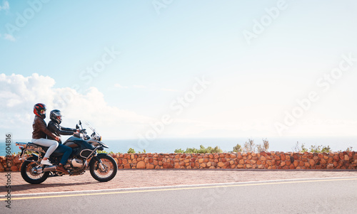 Motorcycle, mountain and couple on road for travel adventure, freedom and enjoying weekend together. Love, travelling mockup and man and woman ride on motorbike for holiday, vacation and journey