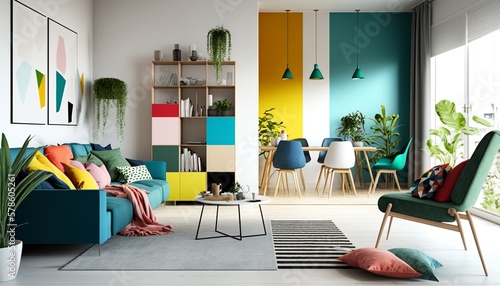 Bright and colorful scandinavian interior style living room with sofa, armchair and coffee table. Generative AI