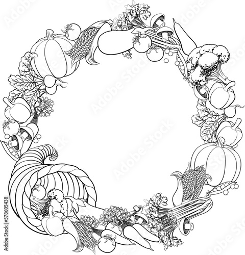A cornucopia horn of plenty fruit and vegetable produce food Thanksgiving circular frame border background.
