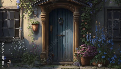 Peaceful country cottage entrance door with vines, flowers and natural building materials. Generative AI