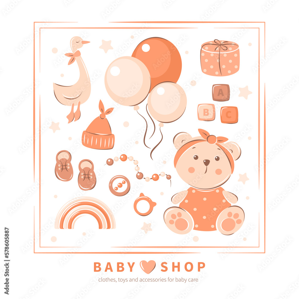Fototapeta premium Children's toys, playing, childhood, baby care, clothes and shoes. Baby shop logo. Vector illustration kid's store for poster, banner or card.