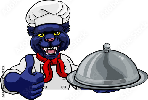 A panther chef mascot cartoon character holding a silver platter cloche dome of food peeking round a sign and giving a thumbs up