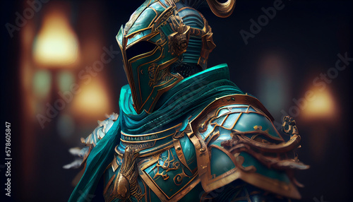 A knight in malachite armor, portrait of medieval knight in green steel armor, generative ai