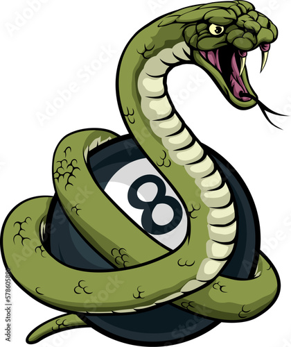 A snake angry mean pool billiards mascot cartoon character holding a black 8 ball.
