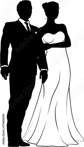 Bride and groom couple silhouettes. Woman in a bridal wedding dress photo