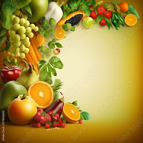 Fruits and vegetables background with copy space. Made with Generative AI.