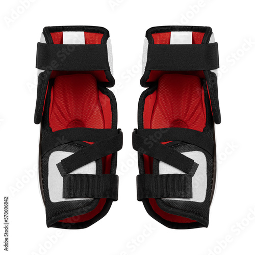 Photography Plastic white protection for legs and knees for playing ice hockey on a white ba