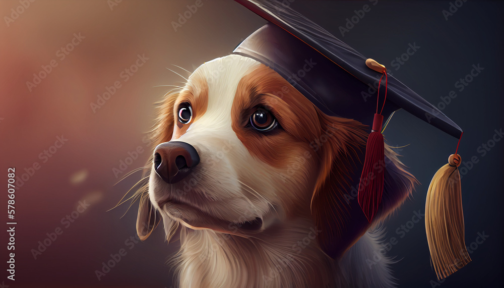 Cute dog with a graduation cap, graduation concept, generative ai Stock