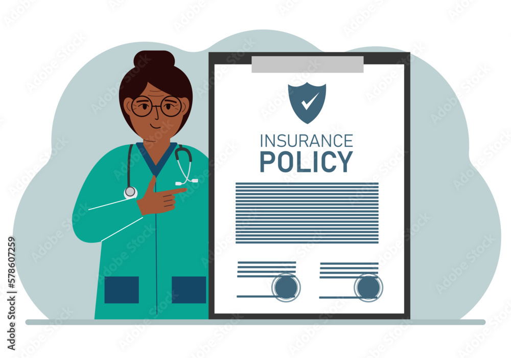 Naklejka premium Woman doctor next to the insurance policy.