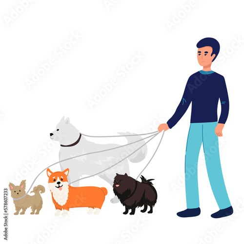 Dog sitter composition with outdoor landscape and doodle male character walking three dogs with cityscape background vector illustration,