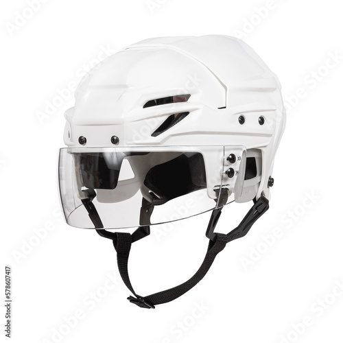 White Protective Ice Hockey Helmet with Transparent Plastic Visor on White Background