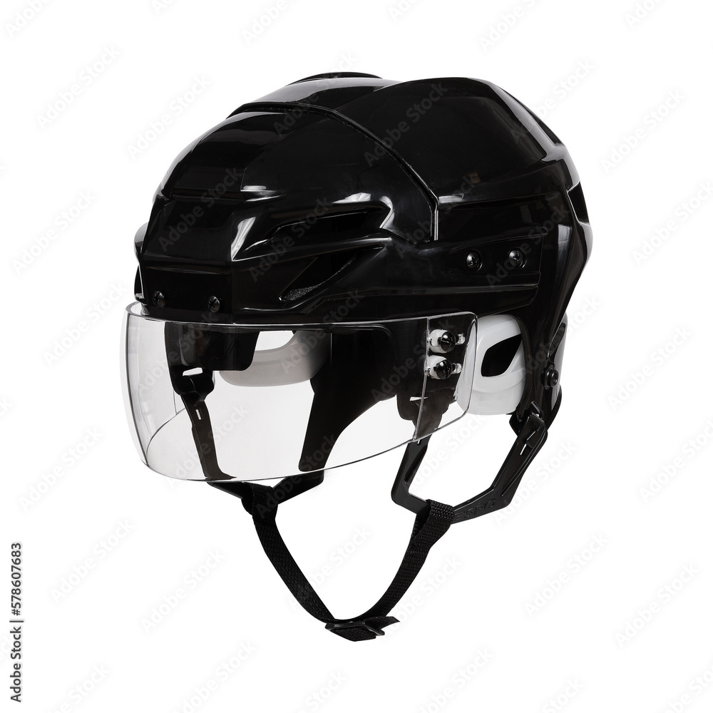 Fototapeta premium Black Protective Ice Hockey Helmet with Transparent Plastic Visor on White Background