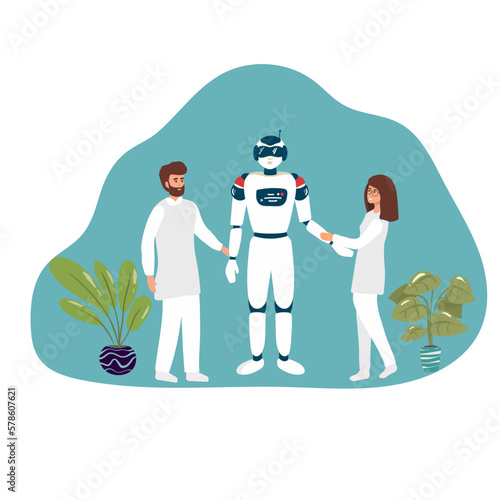 Cartoon Nano Tech Research Center for AI Creation. Scientists, Assistants, Developers Check Robot Skills, Artificial Brain Functions. Cybernetic, Bionics, Robotic Production. Vector Flat Illustration,
