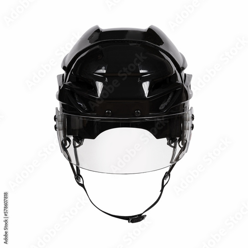 Black Protective Ice Hockey Helmet with Transparent Plastic Visor on White Background