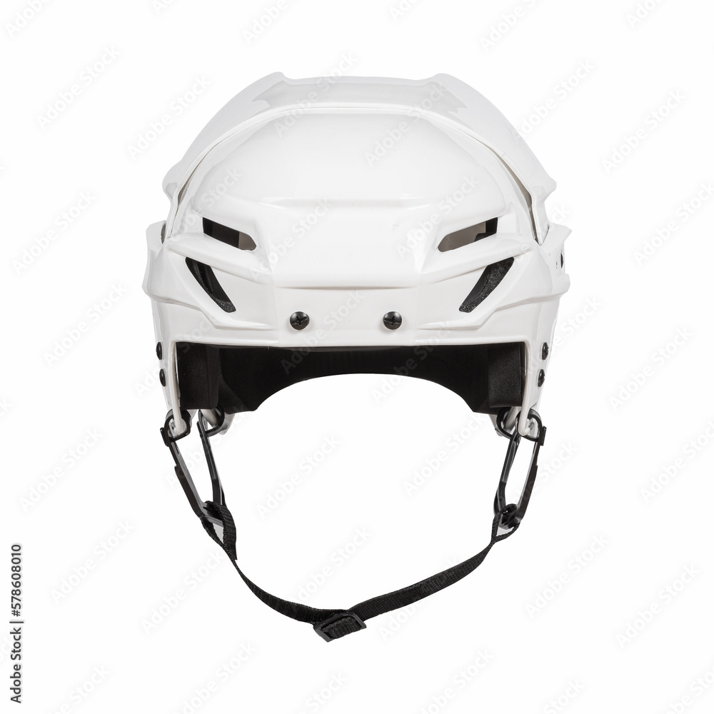 Fototapeta premium White plastic protective helmet for ice hockey on a white background without shadow