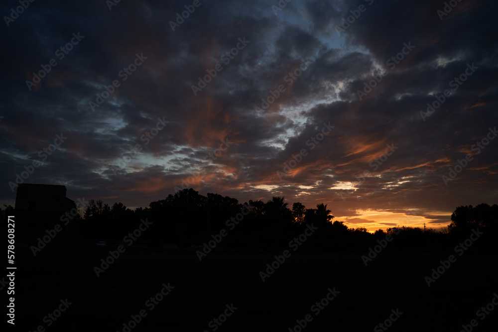 Sunset in the countryside with silhouette of trees and clouds in the sky Sunset in the countryside with silhouette of trees and clouds in the sky