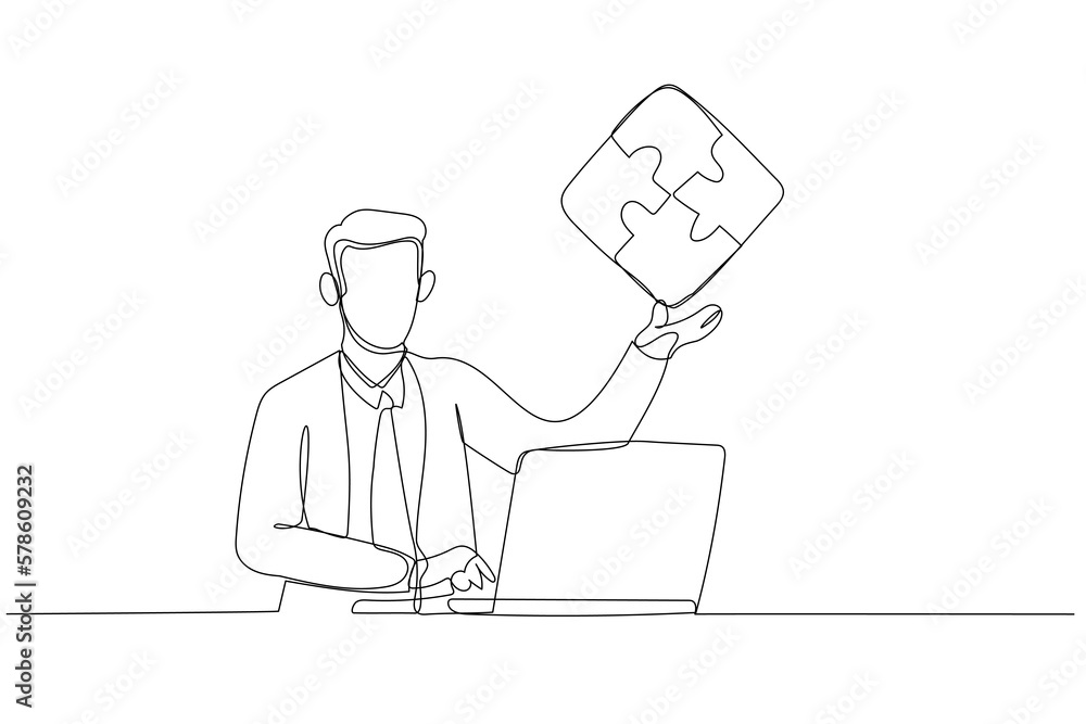 Drawing of businessman showing puzzle that connected. Concept of teamwork. Continuous line art