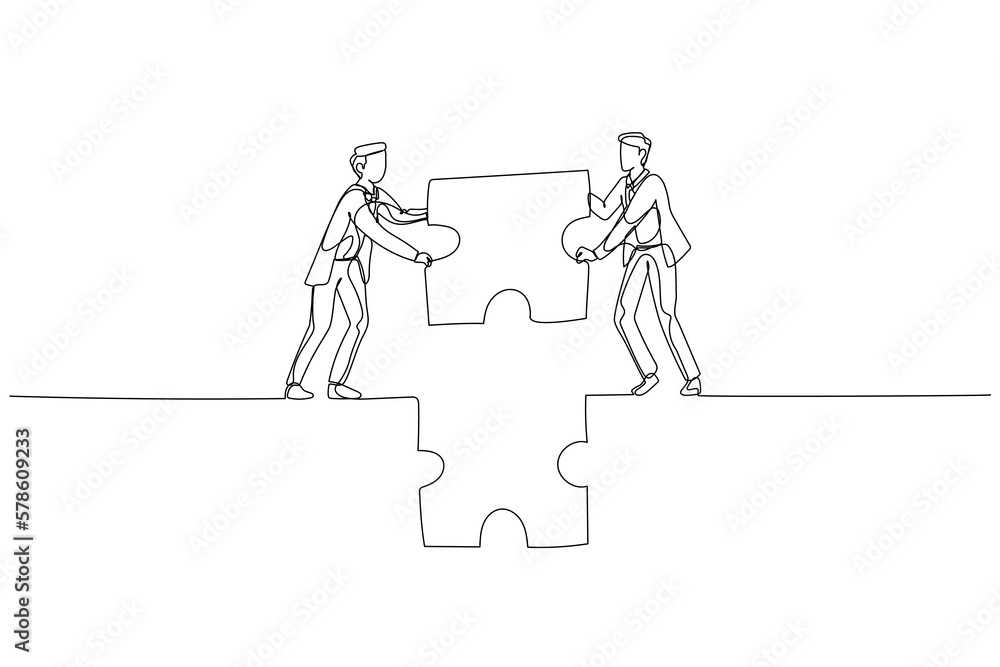 Illustration of businessman and partner hold puzzle and try to make bridge. Concept of cooperation. Single continuous line art style Illustration of businessman and partner hold puzzle and try to make bridge. Concept of cooperation. Single continuous line art style