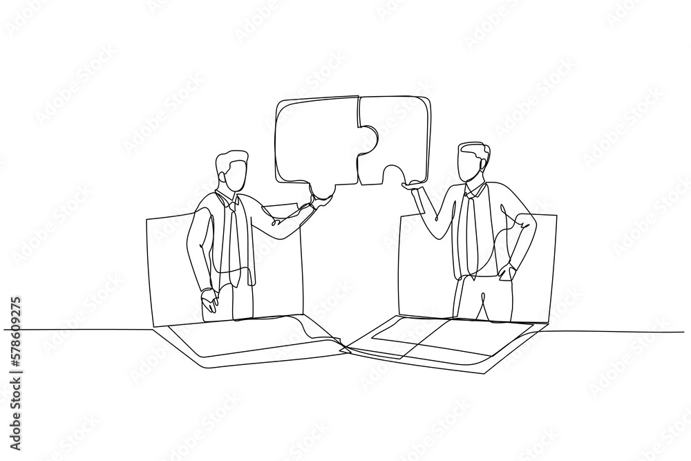 Drawing of businessman and coworker connecting jigsaw puzzle. Concept of business solution. Single continuous line art style